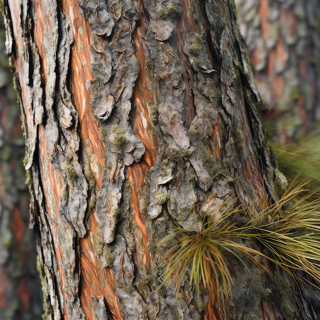 Cortiça de um pinheiro com musgo em closeup
