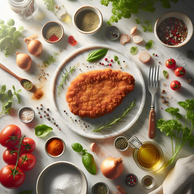 Foto cortilla de carne de milanesa con hierbas en el mostrador de mármol