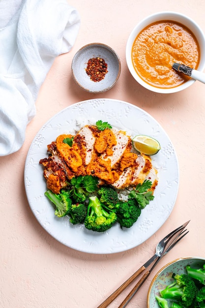 Foto cortilla de pollo crujiente con salsa de katsu con arroz blanco y brócoli en una mesa de piedra