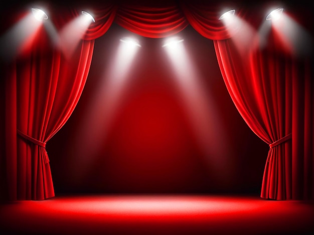 Foto cortina no palco fundo vermelho com holofotes em teatro ou cinema