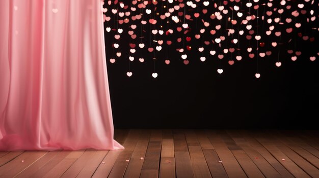 Foto cortina rosa cerrándose en el escenario suelo de madera generativo ai