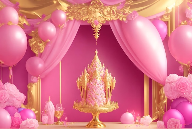 Foto una cortina rosa con una corona de oro y globos rosados en ella