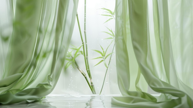 Foto una cortina verde claro está drapeada a cada lado del marco con bambú borroso