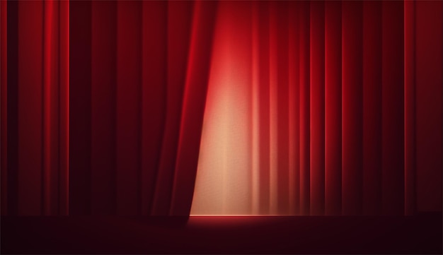 Cortina vermelha em um teatro com uma luz brilhando através dela.