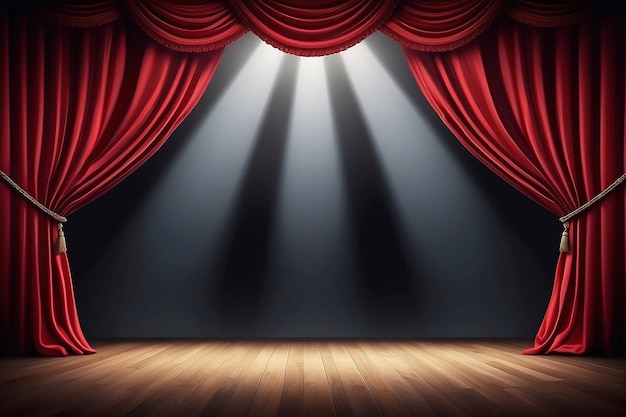 Cortina vermelha fechada, palco de fundo, feixe de holofotes iluminado, cortinas teatrais