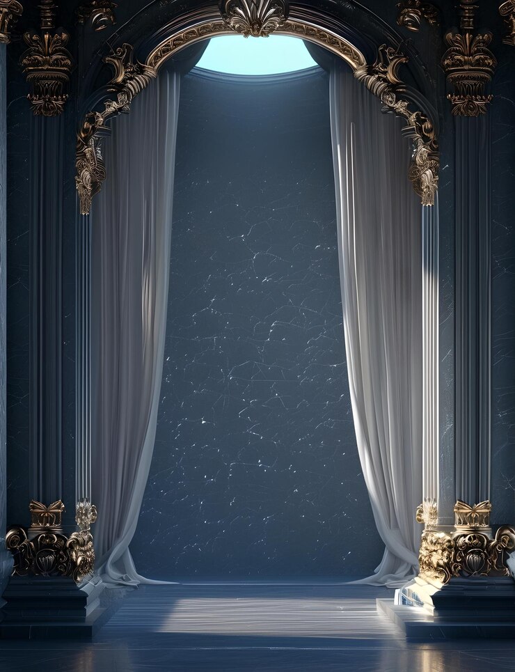 Cortinas azules majestuosas con adornos dorados y fondo real elegante de la corona para la presentación de productos