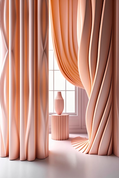 cortinas cor-de-rosa em uma maquete no estilo de trompel'oeil dobras listras e formas