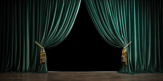 Foto cortinas esmeraldas de terciopelo atadas con una abertura de adornos dorados para revelar un elegante interior oscuro