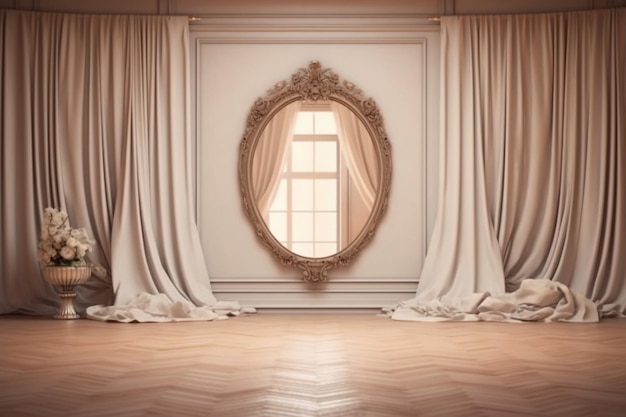 cortinas luxuosas com tapeçarias florais e um espelho curvo AI generative