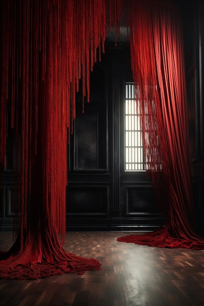 Foto cortinas rojas en una habitación oscura con una ventana al fondo.