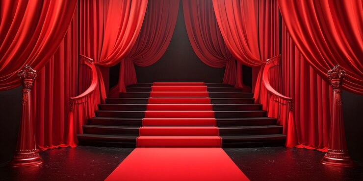 Cortinas rojas marco elegante escalera negra con alfombra roja