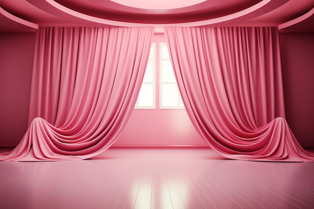 Cortinas rosadas en una escena renderizada en 3D con tonos rosados