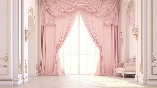 Cortinas rosas con una hermosa vista de una hermosa habitación con un sofá rosa y una ventana con el sol brillando a través.