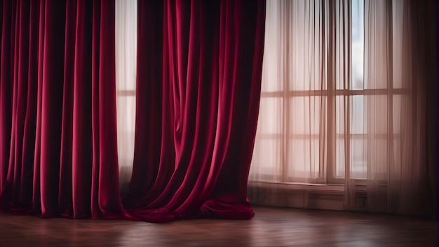 Cortinas de terciopelo rojo en la habitación maqueta de ilustración 3d