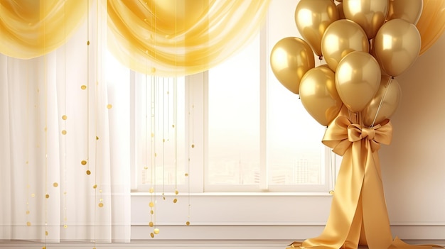 Cortinas de ventana amarillas vacías con decoración de cumpleaños con fondo  de globo de amor para exhibición de productos, copia de fondo de plantilla  de espacio