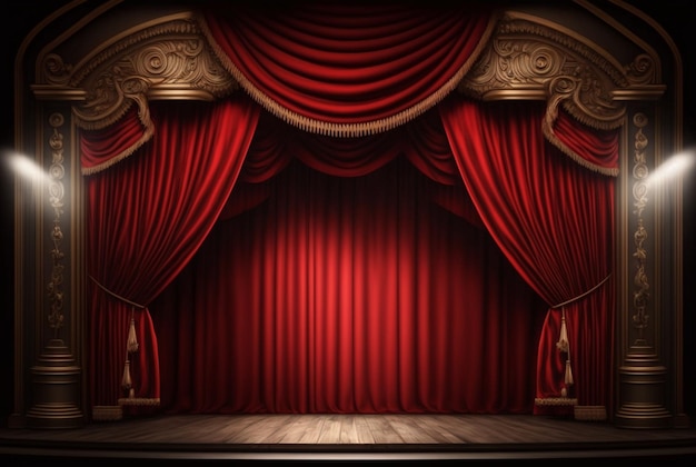Cortinas vermelhas do palco do teatro mágico Show Spotlight Generative AI