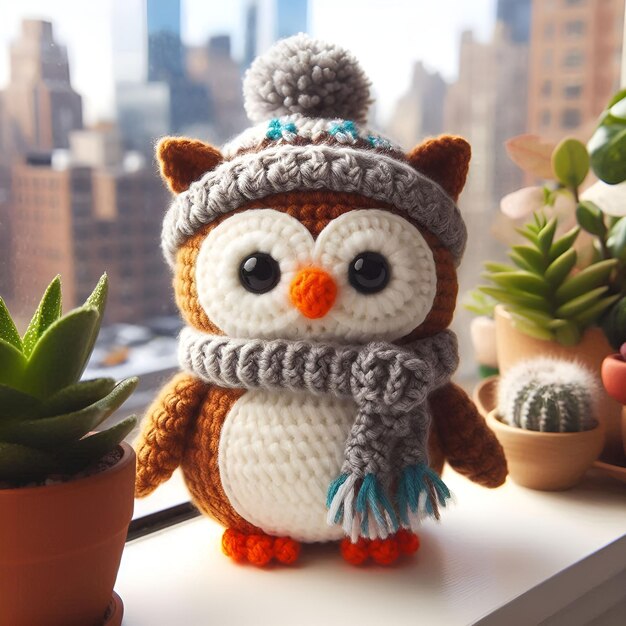 Foto coruja amigurumi com lenço e chapéu na janela cercada de plantas