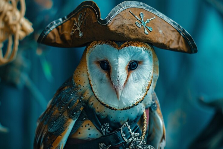 Foto coruja de celeiro em traje de pirata com fundo azul náutico suave retrato de animal alegre e elegante