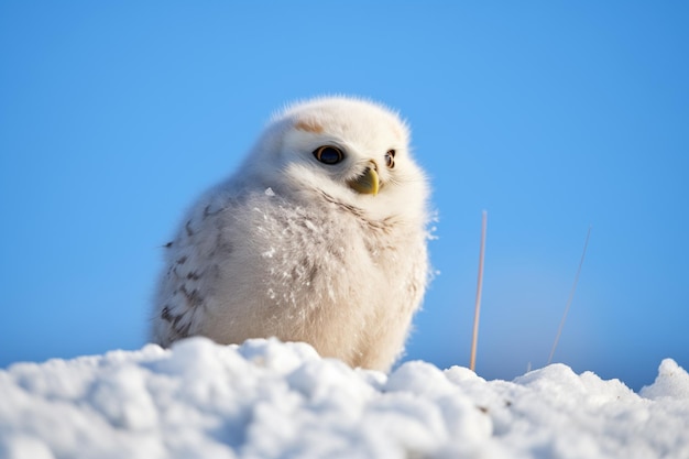 Foto coruja de neve empoleirada em uma deriva de neve contra um céu azul claro