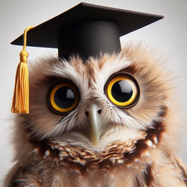 Foto coruja fofa vestindo um chapéu de graduado surpreendida com olhos enormes tiro de grande ângulo ai generativo