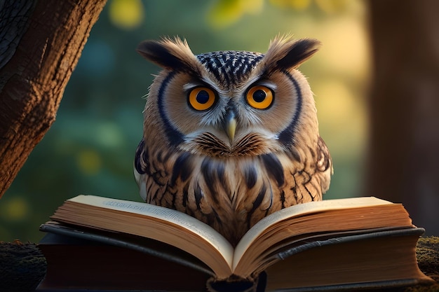 Coruja inteligente lendo um livro na floresta em um galho para estudar o conceito de educação ou escola