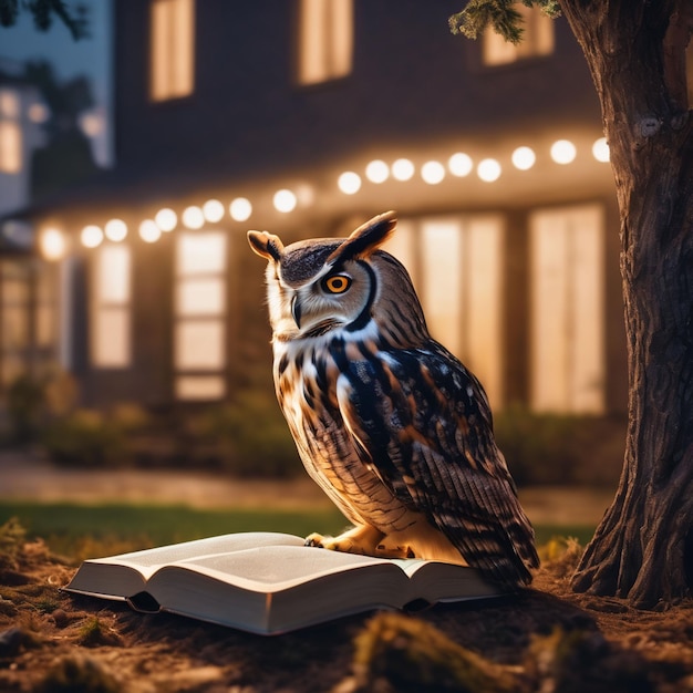 Coruja lendo um livro em uma árvore à noite aprendendo IA generativa