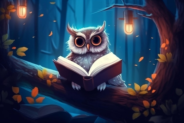 Foto coruja lendo um livro em uma árvore à noite aprendendo ia generativa