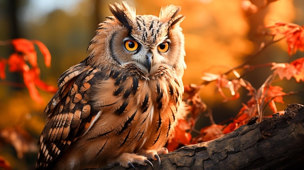 Coruja real empoleirada no galho olhando para a floresta de outono