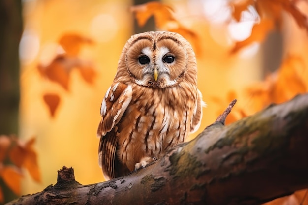 Foto coruja tawny sentada em um galho na floresta de outono outono na natureza com uma coruja ural coruja sentada em uma árvore ai gerado