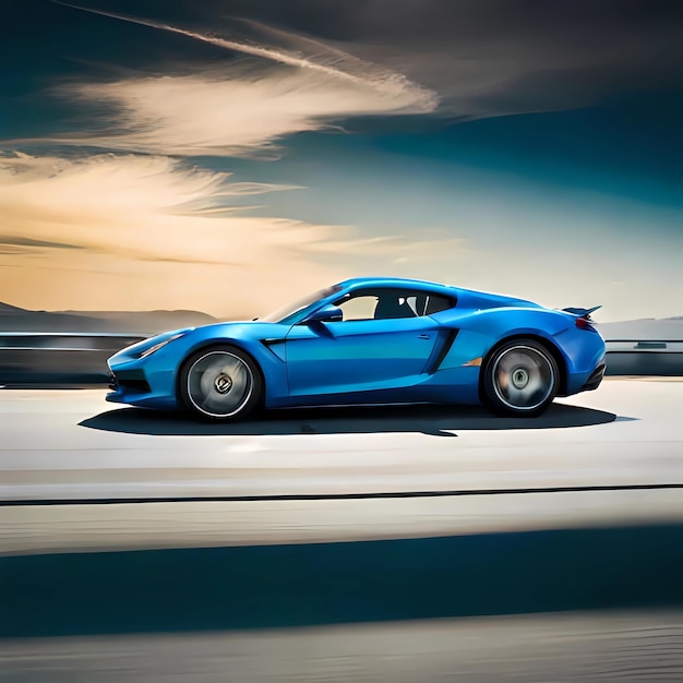 Un corvette azul conduce por una carretera con un cielo nublado de fondo.