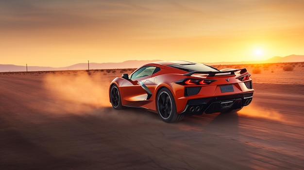 Un corvette rojo conduce por un desierto al atardecer.