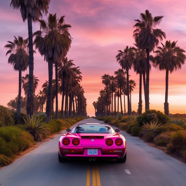 Un corvette rosa conduce por una carretera con palmeras al fondo.