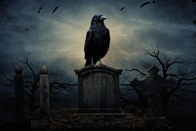 Corvo assustador na velha lápide no cemitério assombrado Cemitério de terror à noite com lua misteriosa Halloween