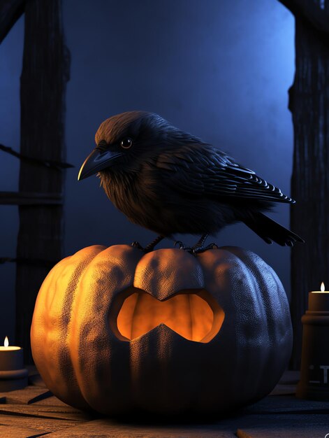 Corvo e abóbora com tema de Halloween 3D