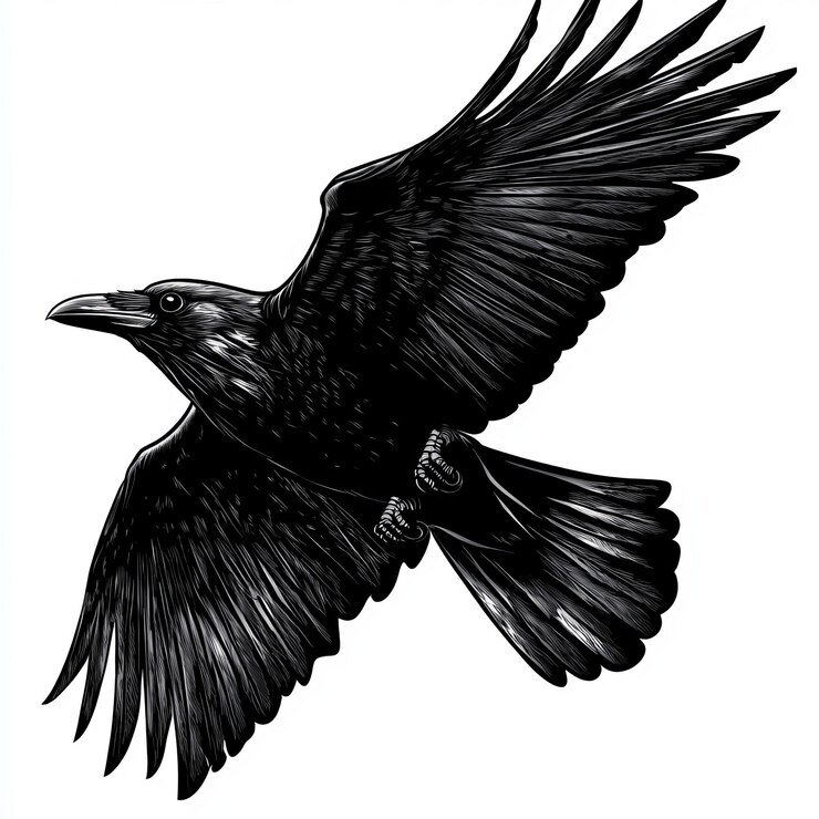 Foto corvo em voo tinta desenho preto e branco em fundo branco