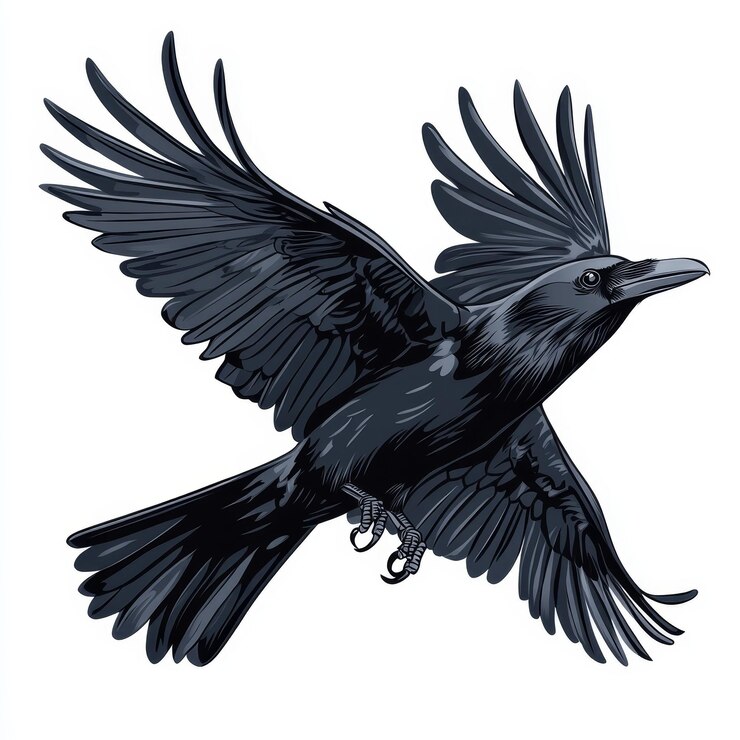 Foto corvo preto voando isolado em fundo branco ilustração desenhada à mão vetorial