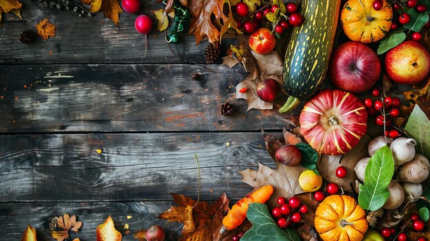 Cosecha de abundancia Fondo otoñal vibrante con exhibición rústica de hojas caídas y frutas frescas