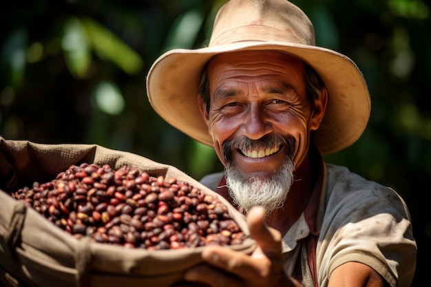 Foto una cosecha abundante de arábica un agricultor encantado revela sus granos de café frescos