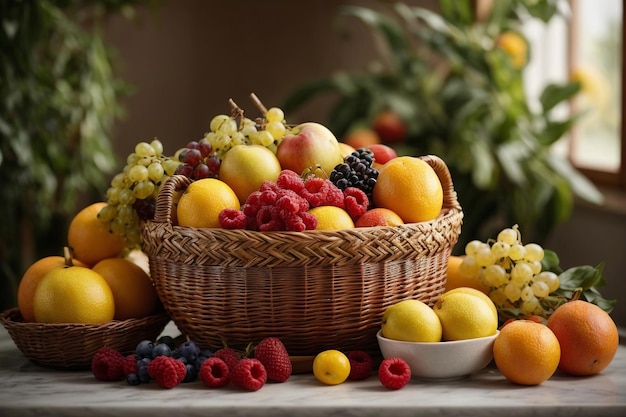 Una cosecha abundante Una canasta de mimbre rebosante de frutas frescas, coloridas y jugosas