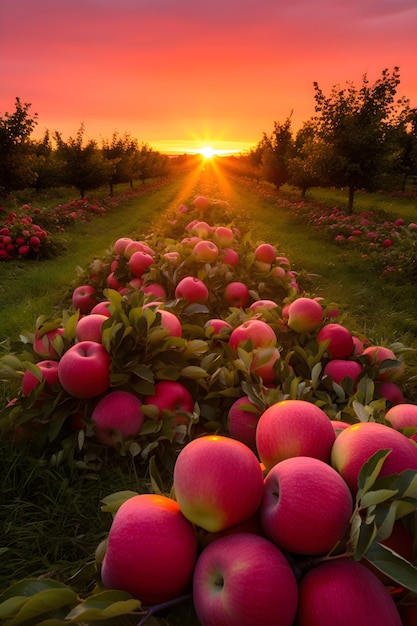 Foto una cosecha abundante una magnífica vista de una extensa granja de manzanas al amanecer