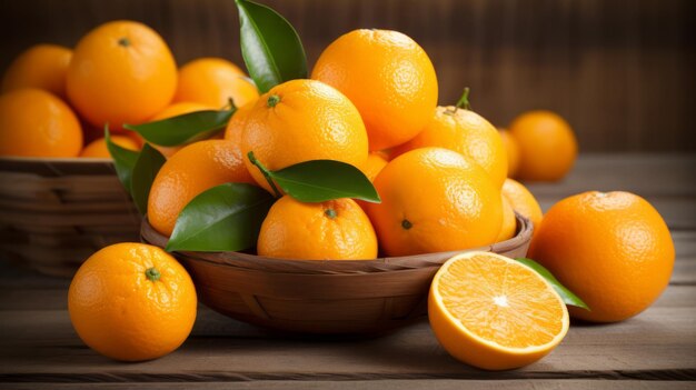 Foto una cosecha abundante de naranjas de ombligo en una canasta sobre un fondo de madera rústica