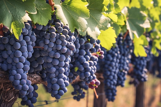 Una cosecha abundante de uvas oscuras cuelga con gracia en un entorno de viña