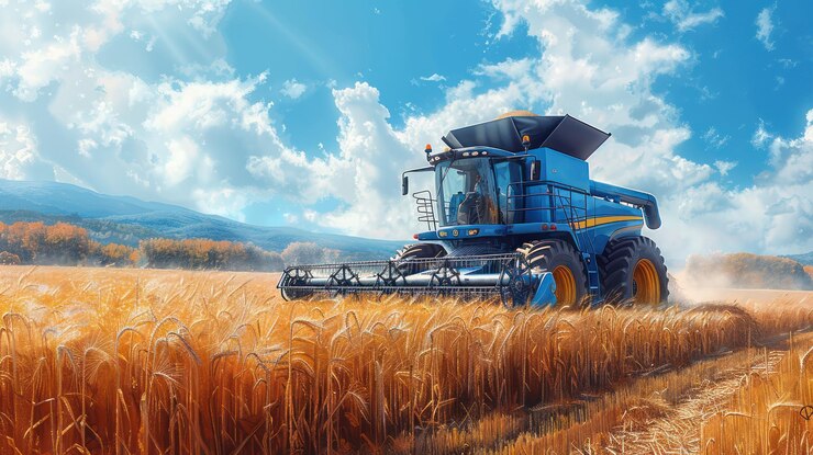 una cosecha azul en un campo de trigo