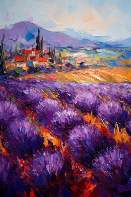 La cosecha de la belleza de los campos de lavanda Una pintura al óleo texturizada en colores audaces