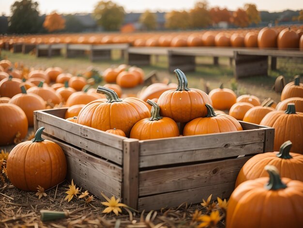 Cosecha calabazas en una caja de madera en el Pumpkin Patch