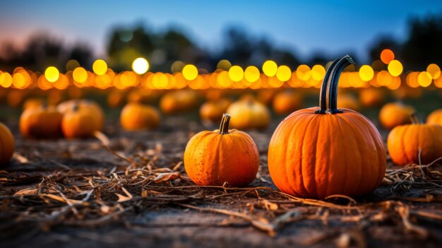 Foto cosecha de calabazas en fondo borroso concepto de acción de gracias y halloween con espacio de copia