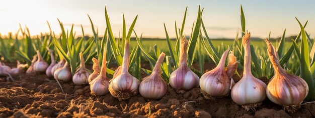 La cosecha de los campos de ajo que brotan se despierta