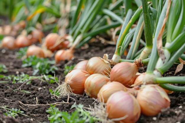 Cosecha cebollas en el jardín