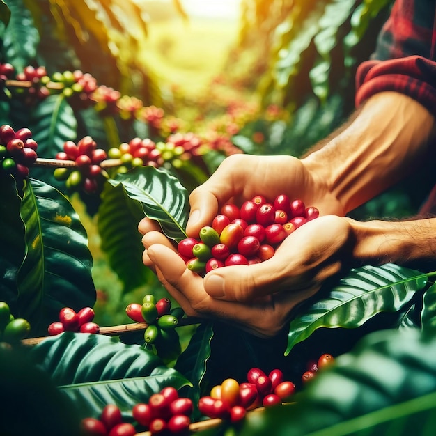 La cosecha de las cerezas de café maduras