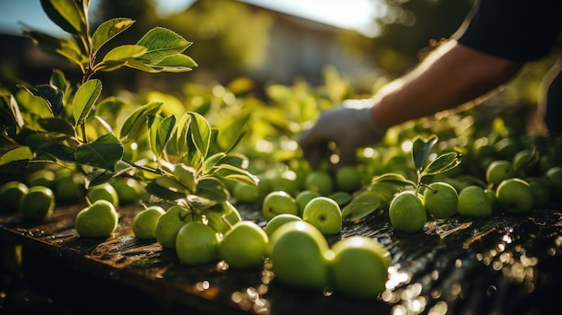 La cosecha de ciruelas verdes en el jardín enfoque selectivo